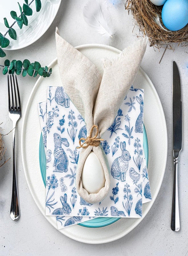 Whaline 50 Pcs Blue White Easter Paper Napkins Retro Bunny Rabbit Flower Disposable Napkins Chinoiserie Luncheon Dinner Napkins for Spring Wedding Birthday Party Table Supplies - Image 5